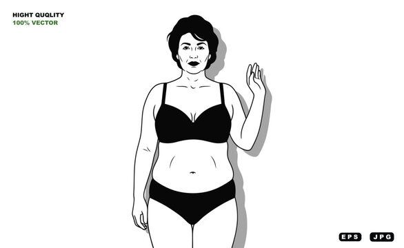 A confident woman in black lingerie standing against a white background