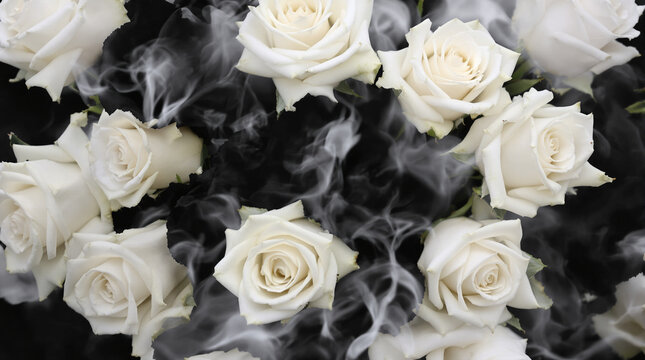 close up of a black and white rose covered in white smoke