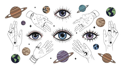 Eyes and hands with planets around. © Sumiyatun