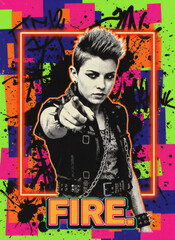 Obraz premium Punk woman pointing finger against colorful graffiti background. Teenage girl with mohawk hairstyle in leather jacket. Urban street art style poster with bold neon color and typography.