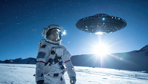 Astronaut and UFO on a desolate moonscape under a starry sky with bright sun flare illuminating the scene