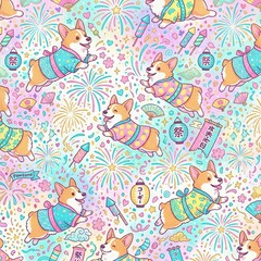 Obraz premium Corgis jumping in traditional yukata with festive fireworks background