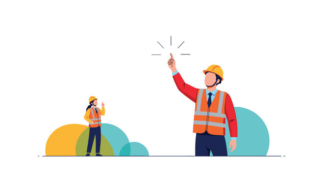 Industrial construction workers wearing orange safety vests and yellow hard hats while pointing at an important project detail.