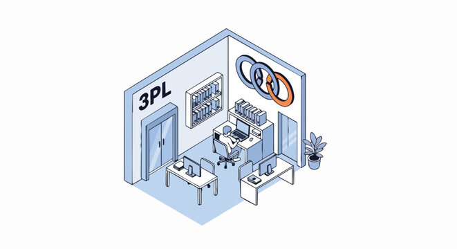 3PL Logistics Office Concept - Isometric Vector Illustration of Third Party Logistics Management and Supply Chain Business Workspace