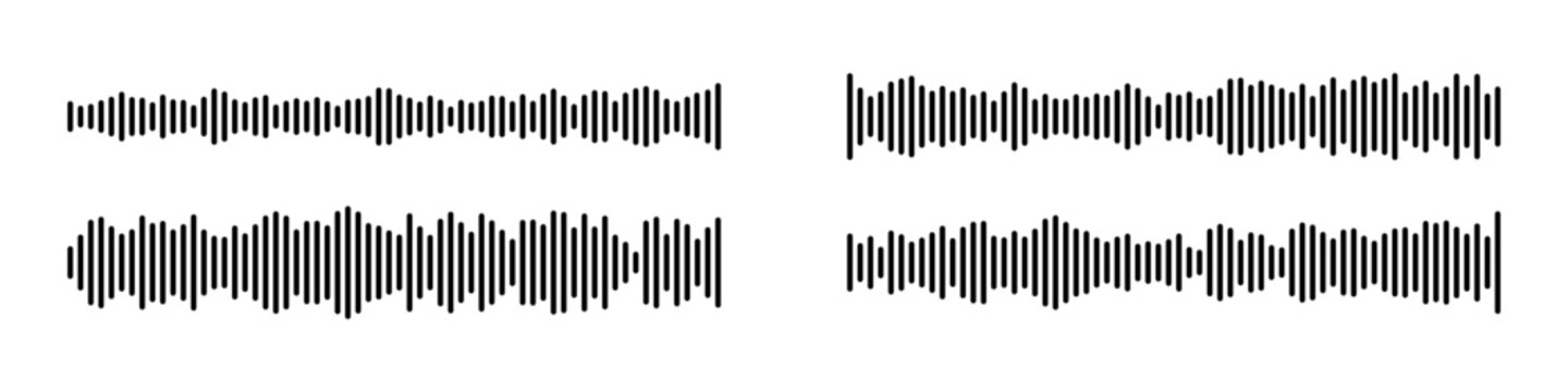 Sound wave vector icon set with podcast audio waveform elements. Music frequency lines and radio signal patterns for voice recording. Microphone equalizer graphics with speech soundtrack symbols