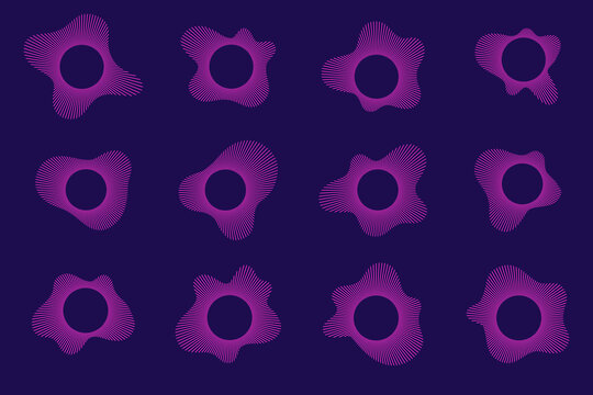 Circular sound wave pattern with radial neon lines creating audio ripple effect. Abstract music soundwave icon with concentric rings and burst design on dark background for modern graphic projects.
