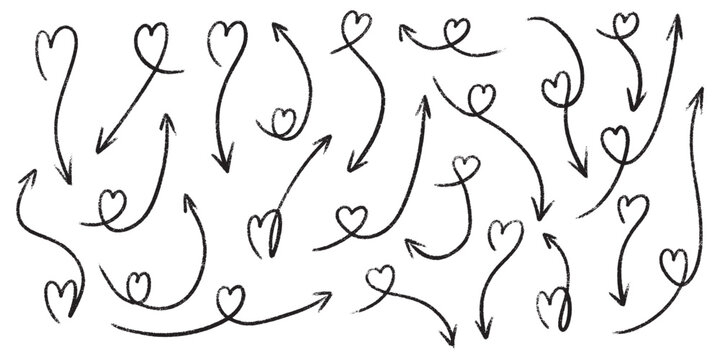 Crayon arrow and heart doodle set with marker strokes. Hand drawn pointer elements, chalk sketches and pencil scribbles. Rough textured Valentine icons with organic brush lines for romantic designs.