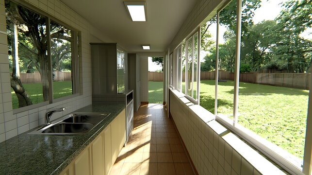 Bright and Spacious Kitchen with Large Windows Overlooking a Green Backyard and Garden Area