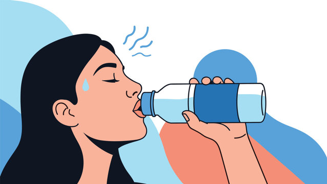 Thirsty young woman drinking cold water from a plastic bottle to stay hydrated during a hot summer day and feeling refreshed.