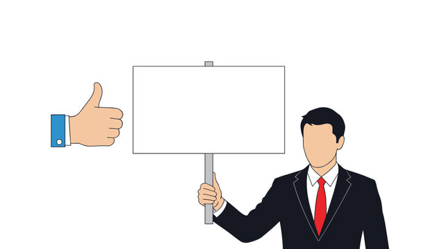 Professional businessman in a suit holding a blank white placard for advertisement while a large hand gives a thumbs up of approval.