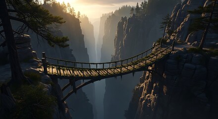 Fototapeta premium Suspension bridge spans dramatic canyon landscape under a bright sky