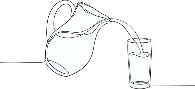 Jug pouring water, milk, or juce in glass. Continuous line drawing.