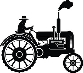 Silhouette of a farmer wearing a hat driving an antique tractor with smoke billowing from its exhaust pipe © saju
