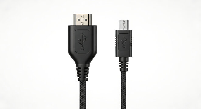Hdmi to micro usb cable connectors, black, isolated on white background, represents connectivity, data transfer, or electronic accessories