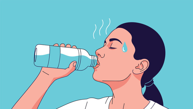Woman drinks fresh water from a plastic bottle to stay hydrated while sweating under a bright blue sky on a very hot summer day.