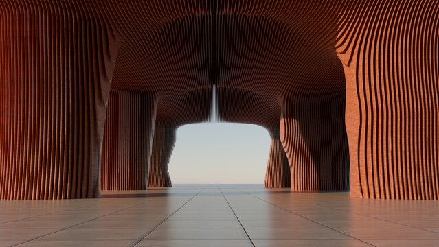 Stunning parametric architecture with wavy wooden slats forming a fluid organic structure, showcasing modern interior design and warm sunset lighting with a minimalist floor