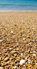 Obraz premium Close up of a sandy beach with small shells and pebbles leading to the gentle blue ocean waves under a clear sky, perfect for summer vacation themes.