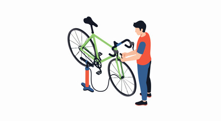 Fototapeta premium Isometric Vector Illustration of a Man Repairing and Maintaining a Green Road Bicycle with a Floor Pump