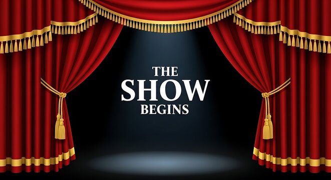 Vector stage curtain opening, text &ldquo;The Show Begins&rdquo;