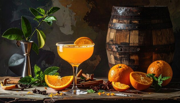 Golden Orange Cocktail with Fresh Fruit and Spices next to a Wooden Barrel on a Textured Surface with Moody Lighting