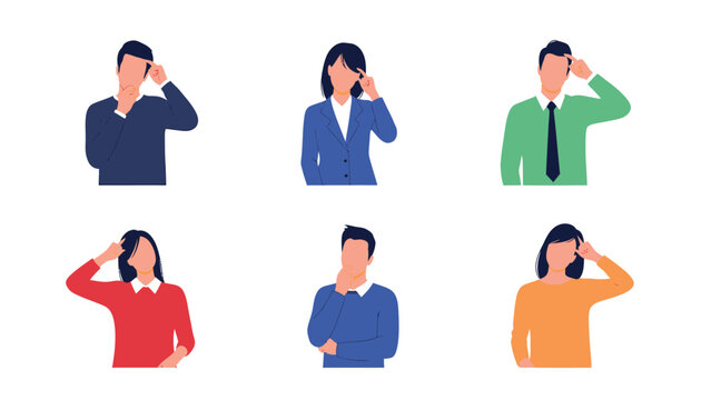 Flat vector illustration set of diverse people thinking, confused, scratching heads. Concepts of problem-solving, contemplation, doubt.