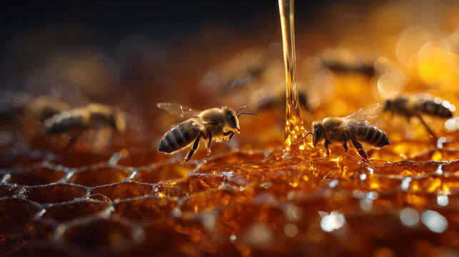 Golden Nectar and Busy Bees: A close-up shot captures the enchanting dance of honeybees amidst the amber glow of a honeycomb, with a stream of golden nectar cascading down.