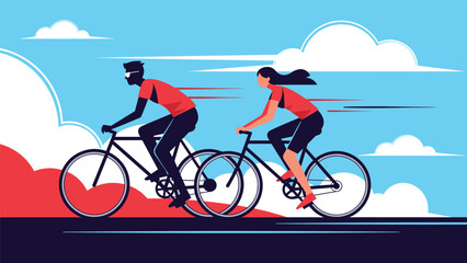 Fototapeta premium Active couple enjoys high speed cycling outdoors under a bright blue sky with fluffy white clouds for fitness and recreation.
