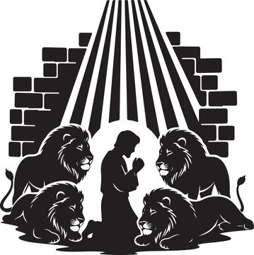 Biblical silhouette of daniel in the lions' den with divine intervention, Generative Ai