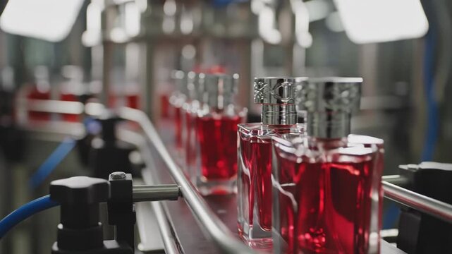 Glass perfume bottles filled with red liquid moving on a conveyor belt in a cosmetic manufacturing plant, close-up view of elegant fragrance bottles with ornate silver caps.