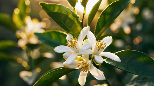 Close-up of white orange blossoms with five petals and yellow stamens on a citrus tree branch, featuring vibrant green leaves and warm golden sunlight with a soft bokeh background.