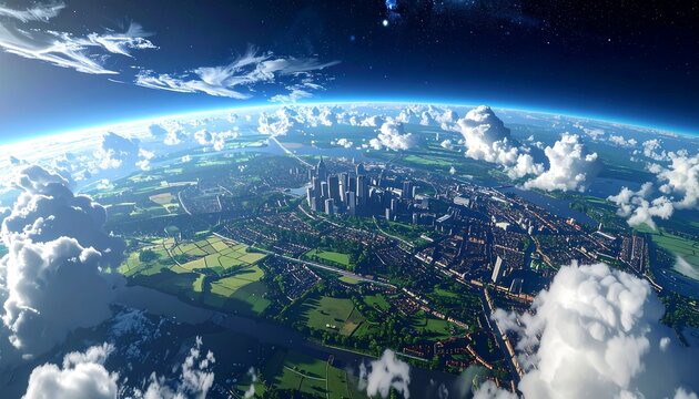 Cityscape from high altitude showing vast green lands blending into city skyline, clouds above, space beyond