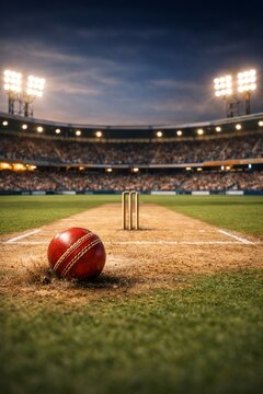 Red leather cricket ball bouncing on a stadium pitch under floodlights