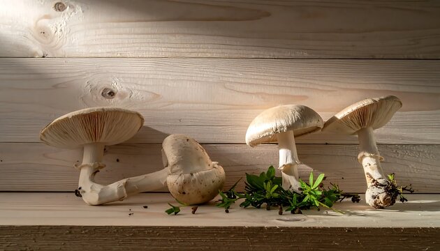 A rustic wooden shelf displays a cluster of mushrooms and herbs