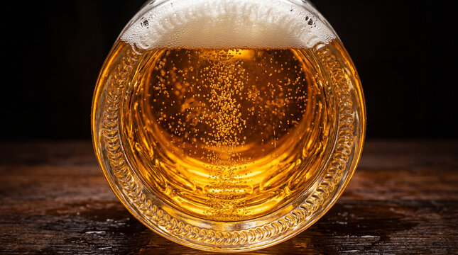 Bottom-Up View Through Golden Beer Glass with Rising Bubbles &ndash; Cinematic Ultra Realistic Beverage Shot