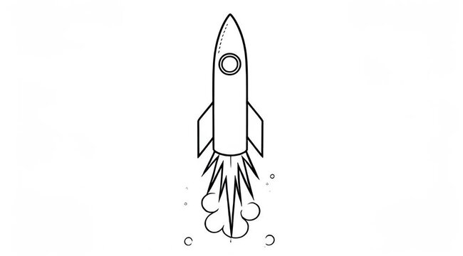 Monochromatic line art of a stylized rocket ship taking off into space