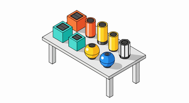 Isometric 3D Illustration of Colorful Solar-Powered Gadgets and Product Prototypes on a Table Isolated on White Background