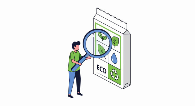 Man Inspecting Eco-Friendly Product Packaging with Magnifying Glass, Sustainable Labeling and Recycling Concept Vector Illustration