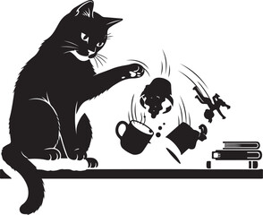 Mischievous cat silhouette causing chaos with falling objects, Generative Ai © Artist Sakib