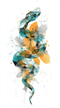 Geometric Abstract Snake with Teal and Orange Splatter Watercolor Design