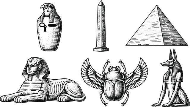 Hand drawn engraved ancient Egyptian culture collection with Sphinx, pyramid, winged scarab beetle, obelisk, Anubis god and canopic jar icons