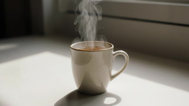 Steam rises from a white ceramic coffee cup placed on a sunlit table, showcasing the warm beverage inside and the soft shadows cast on the surface