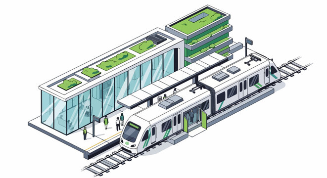 Isometric Illustration of a Modern Green Train Station with Sustainable Metro and Eco-Friendly Urban Infrastructure
