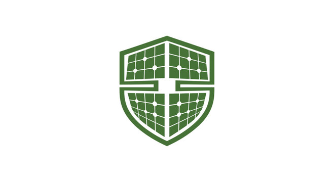 Green Solar Panel Shield Logo Representing Renewable Energy and Protection.