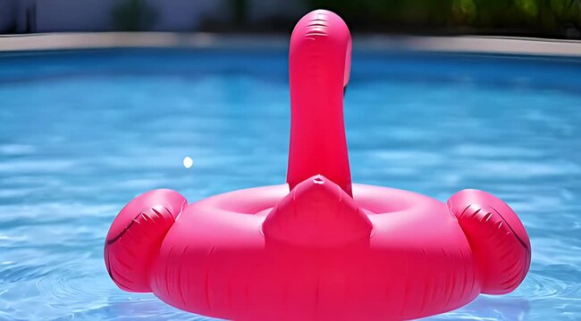 Pink Flamingo Pool Float Gliding in a Sparkling Blue Swimming Pool on Summer Day