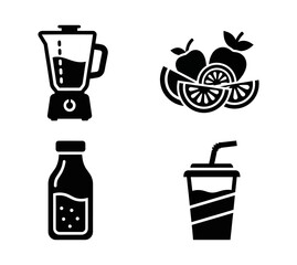 Fototapeta premium Collection of essential icons for healthy beverages, including a blender, fresh fruits, a juice bottle, and a drink cup, representing preparation and enjoyment