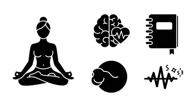 Diverse Icon Set for Mindfulness, Mental Well-being, and Holistic Practices, Featuring Yoga, Brain Health, Journaling, Pregnancy Journey, and Meditative Sounds