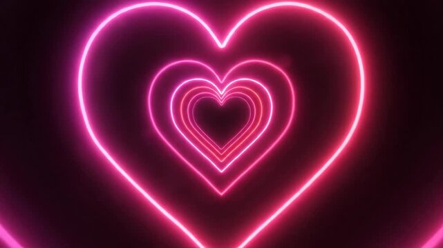 Glowing neon heart tunnel of pink and red light