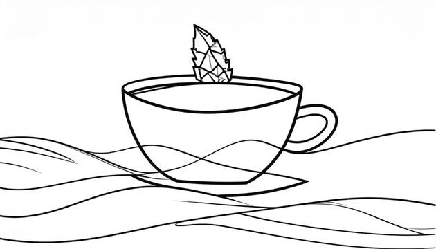 A simple drawing of a cup of tea with a mint leaf on top.