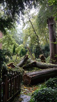 Large fallen trees and debris blocking pathway after a severe storm