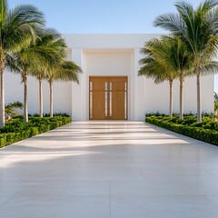 Modern architectural entrance with palm trees and lush greenery in a sunny tropical environment, showcasing elegance and tranquility